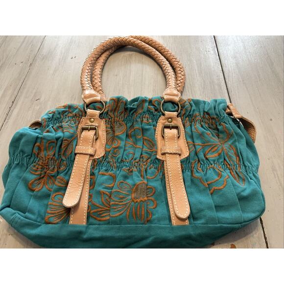Nest Teal Blue Tan Brown Embroidered Shoulder Bag Purse Leather Woven Strap Boho - Picture 8 of 12